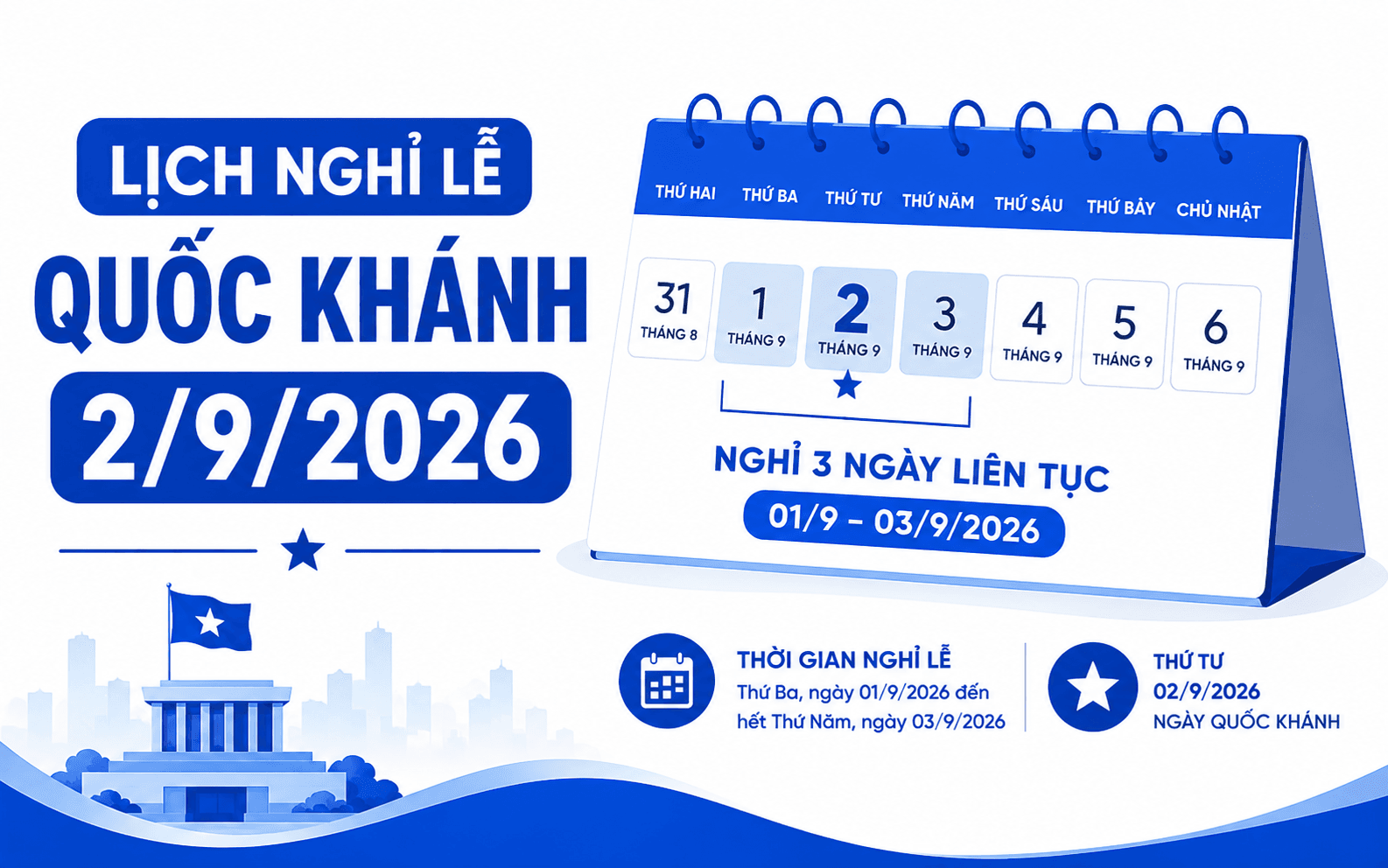 2/9 được nghỉ mấy ngày? Lịch nghỉ lễ Quốc Khánh 2/9/2026 2 Lịch nghỉ lễ Quốc Khánh 2/9/2026